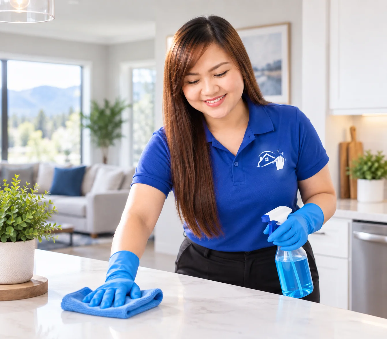 Glove Up and Shine owner in uniform and blue gloves wiping a kitchen counter